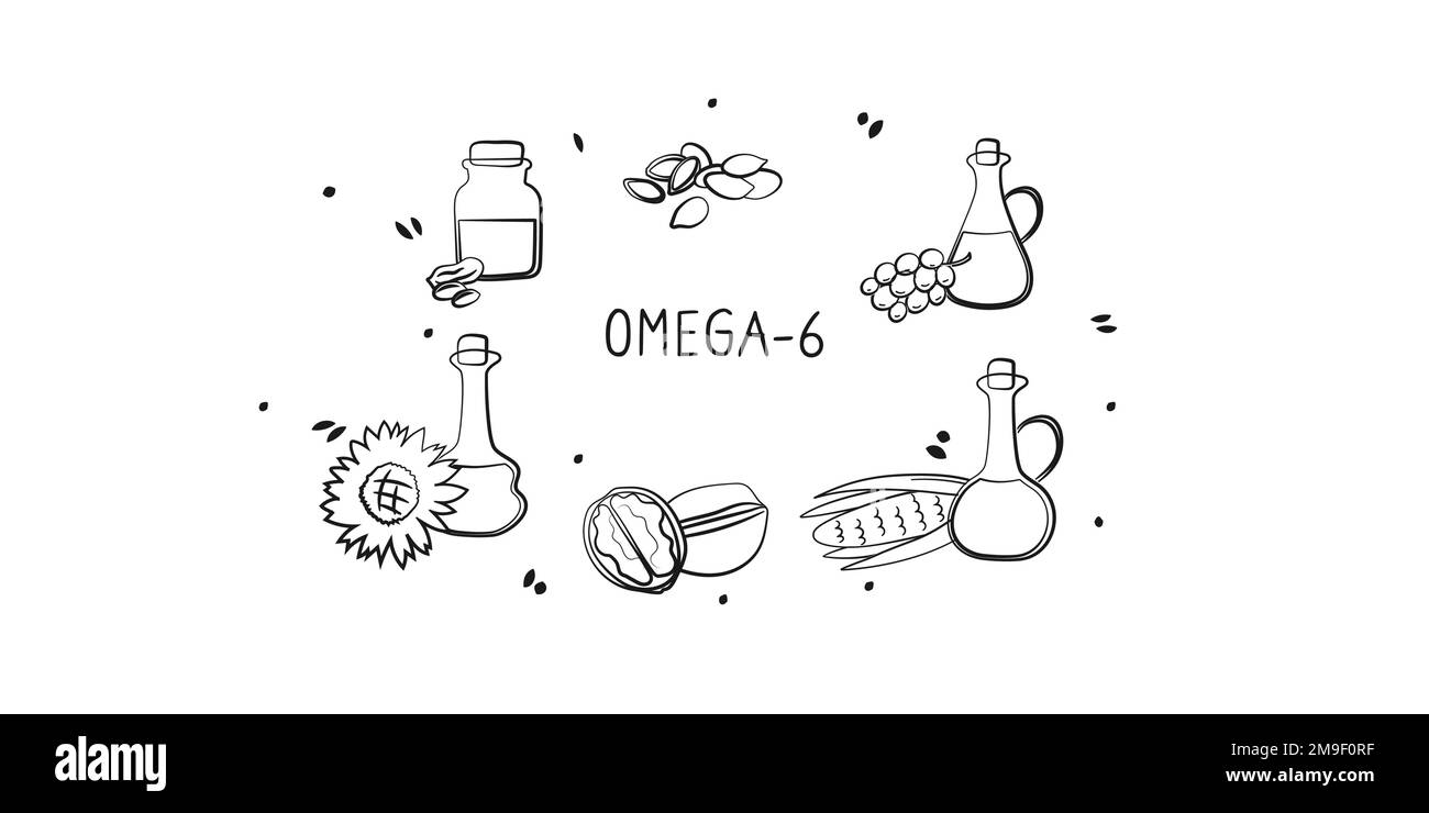 Omega6containing food. Groups of healthy products containing vitamins and minerals. Set of