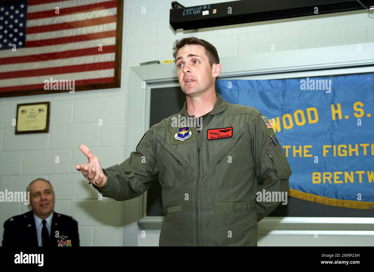 US Air Force Special Operations helicopter pilot, Captain Bill Denehen lectures to JROTC at Brentwood High School, NY on 11 May 00. On 2 May 99, while assigned with the 55th Special Operations Squadron, CPT Denehen and his crew courageously penetrated one of the most sophisticated air defense networks in the world to rescue an F-16C pilot (not shown) trapped deep inside of Serbia. This was the first mission in history where a special operations rescue force penetrated and successfully defeated an active integrated air defense system of a determined military. During Operation Allied Force, Dene Stock Photo