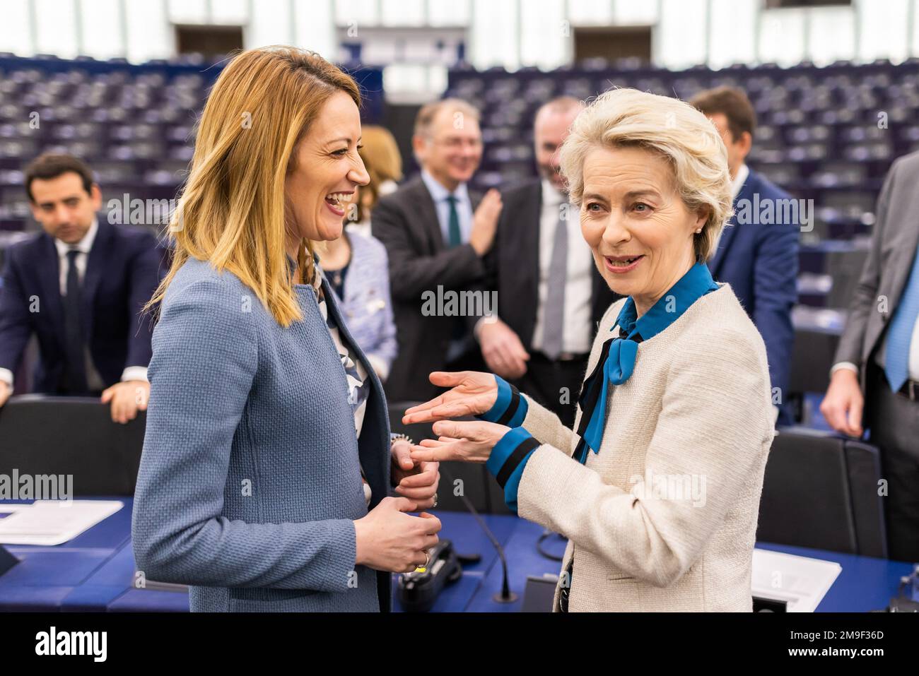 Strasbourg, France. 18 January 2023, France, Straßburg: Roberta Metsola (l, Partit Nazzjonalista), President of the European Parliament, receives birthday wishes from Ursula von der Leyen (CDU), President of the European Commission. On the agenda for Wednesday's four-day plenary week is, among other things, the election for a successor to ex-Parliament Vice President Kaili, who is embroiled in the corruption scandal. Credit: dpa picture alliance/Alamy Live News Stock Photo