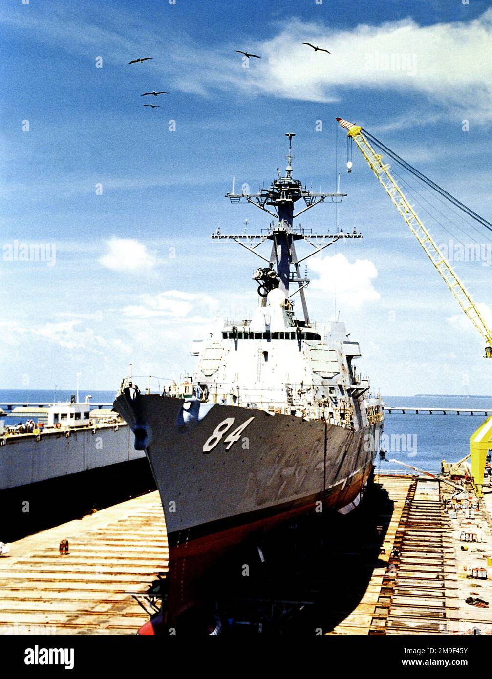 Port bow view of the Arleigh Burke Class, Block IIA Aegis Destroyer USS BULKELEY (DDG 84) just prior to launch/float off at the Litton Industries Shipyard, Pascagoula, Mississippi. Base: Pascagoula State: Mississippi (MS) Country: United States Of America (USA) Stock Photo