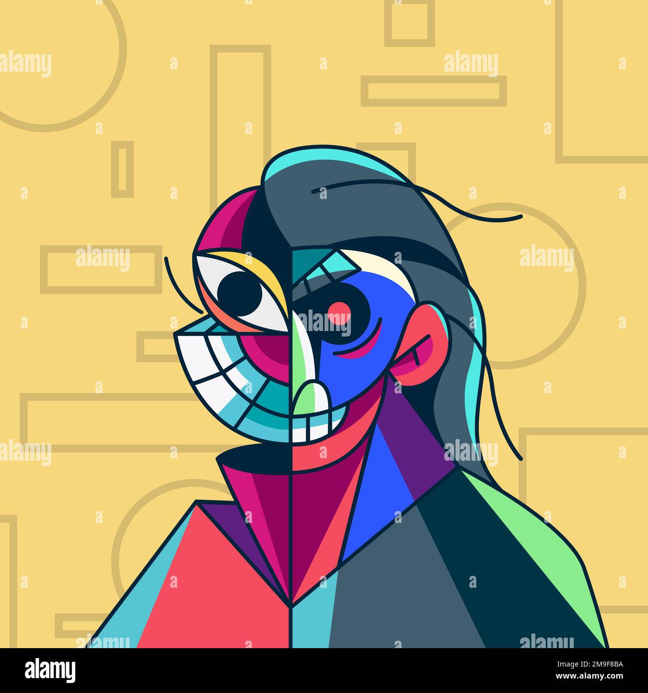 A vector illustration of a character with an abstract facial shape. A ...