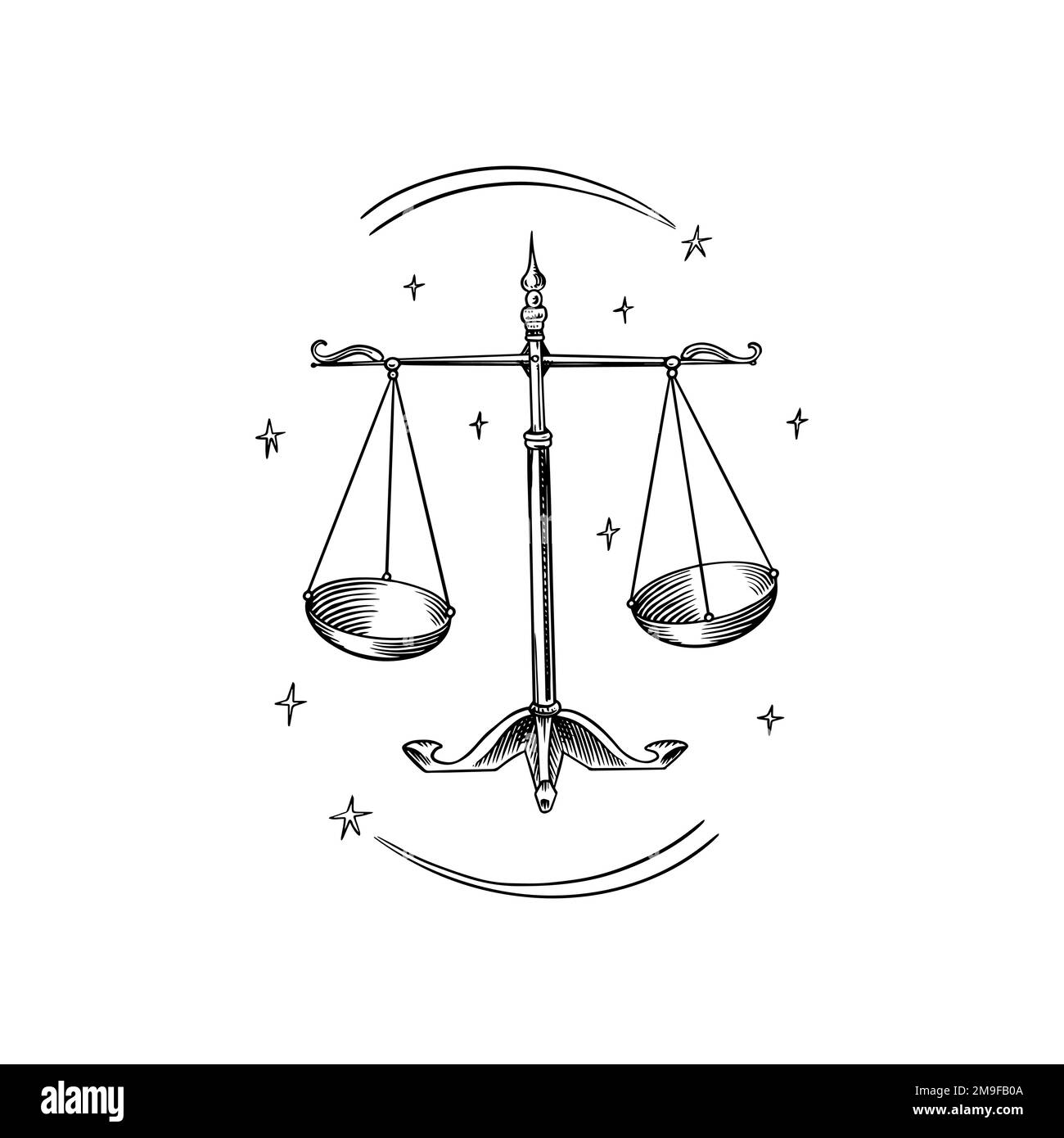 Libra Zodiac sign. Modern magic Astrological symbol. Illustration of horoscope. Boho design for witchcraft card. Hand drawn Engraved old monochrome Stock Vector