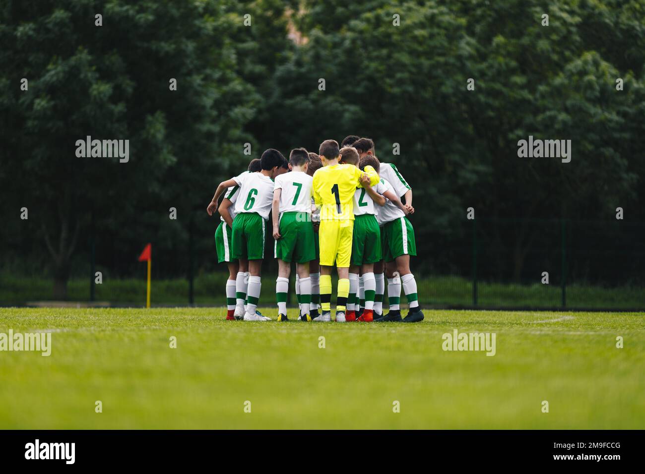 Young boys huddling in sports team. Youth football players gather in a circle and motivate before the final soccer match. School kids having fun in fo Stock Photo