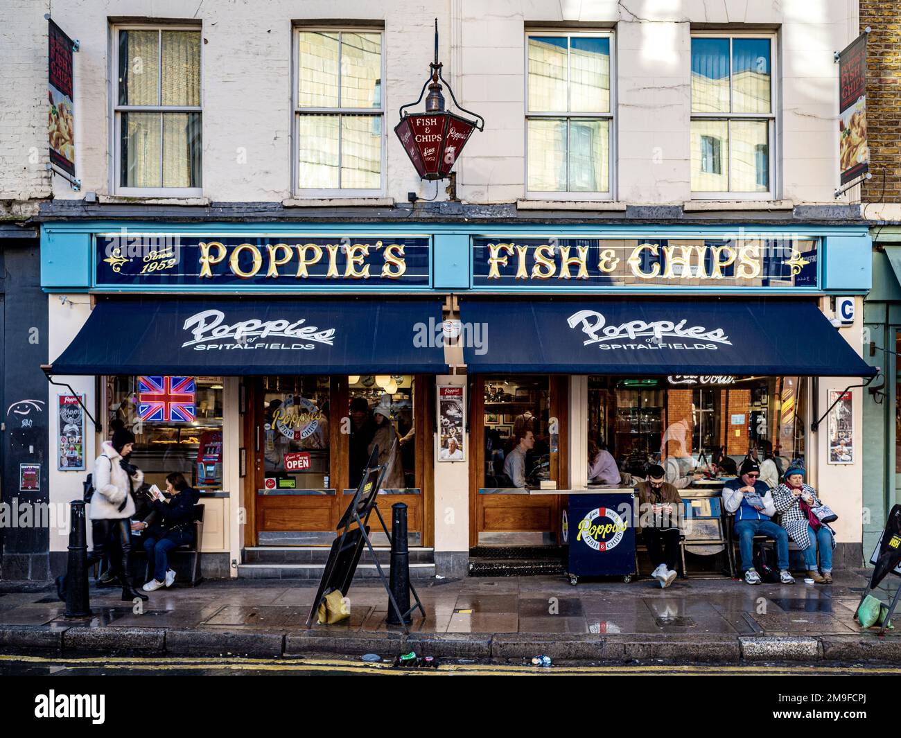 Poppie's Fish & Chips Shop Spitalfields London. Poppies Fish and Chips Shop was founded in 1952. British Fish & Chip Shop. Stock Photo