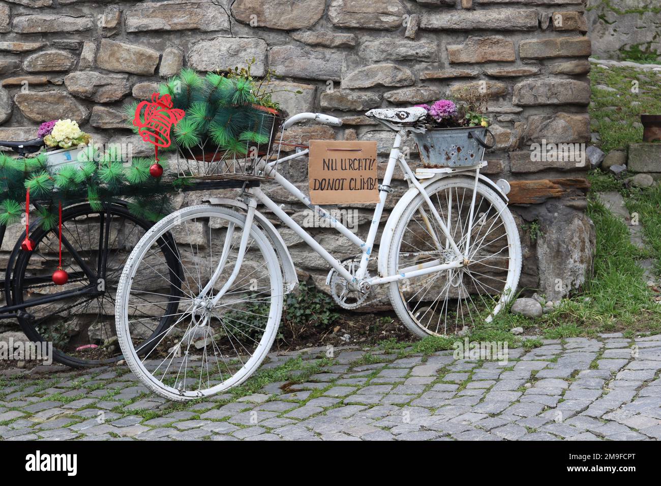 Picture of a decorative bicycle in the centre of Sighisoara Stock Photo