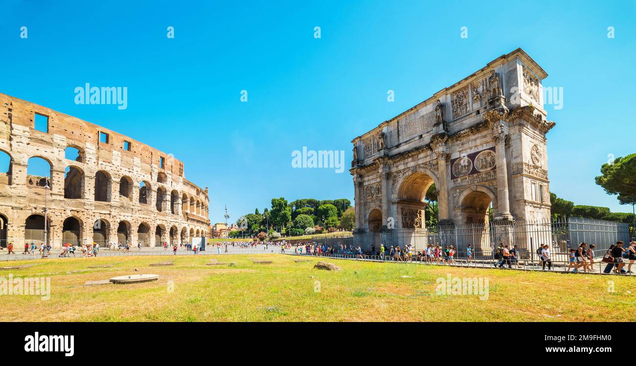 ROME, ITALY - JUNE 29, 2019: Colosseum and Arch of Constantine (Arco di Costantino) in Rome, Italy. Stock Photo