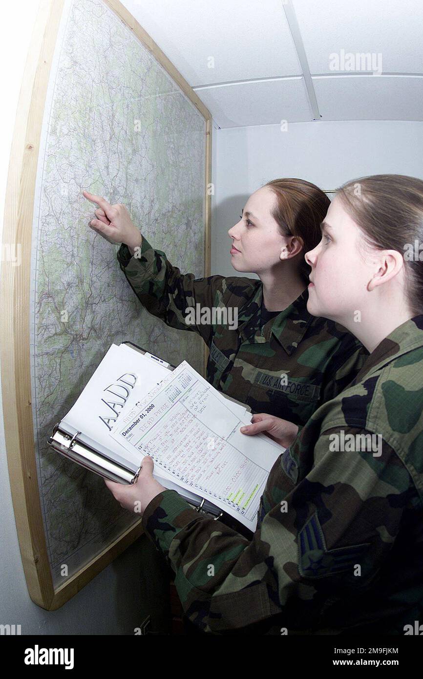 US Air Force SENIOR AIRMAN (SRA) Michelle Almarode (right) 52nd Mission Support Squadron and SRA Amanda Gonzalez, 52nd Fighter Wing, look at the local map in their new AIRMAN Against Drunk Drivers facility at Spangdahlem Air Base, Germany. SRA Gonzalez is the president of the AADD program and SRA Almarode is the vice president of the program. Base: Spangdahlem Air Base State: Rheinland-Pfalz Country: Deutschland / Germany (DEU) Stock Photo