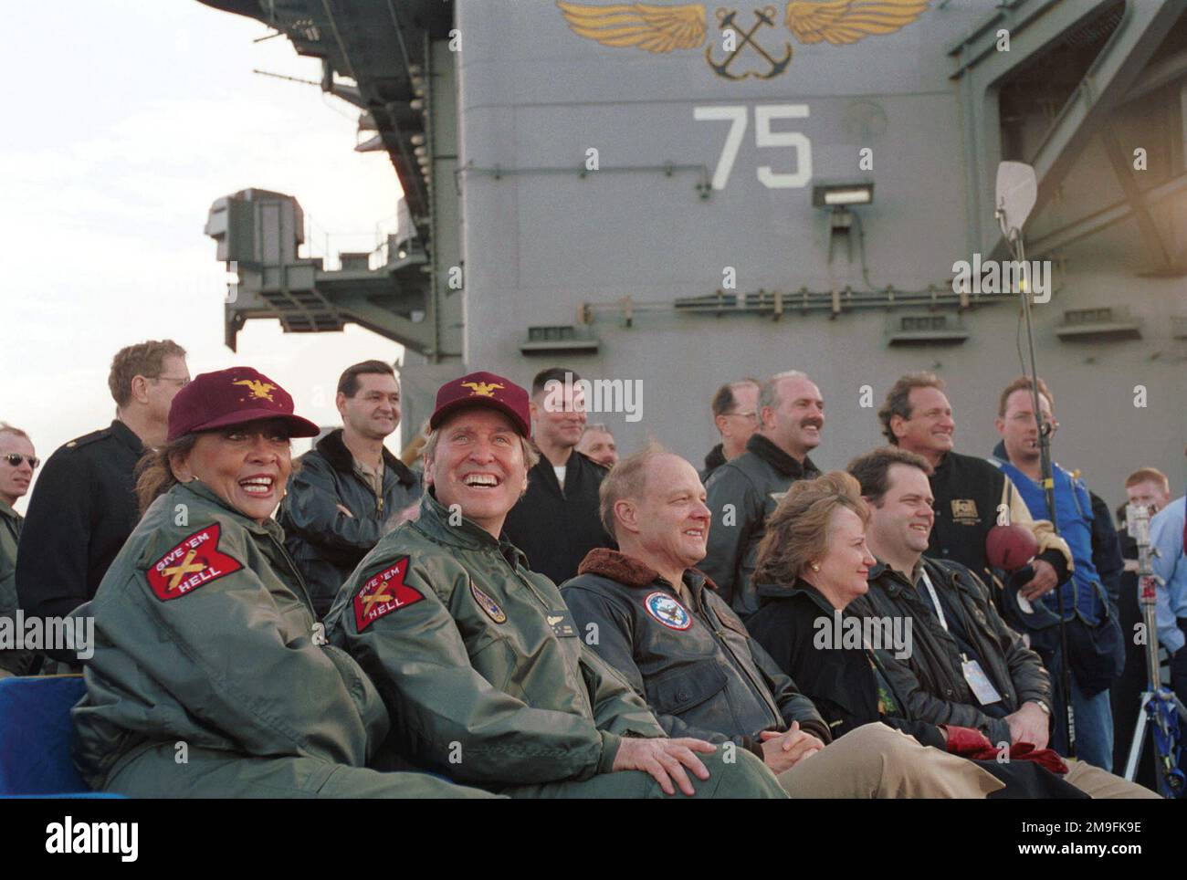001216-N-0963E-202Secretary of Defense William S. Cohen and his wife Janet join the Sailors and Marines stationed on board the USS Harry S. Truman (CVN 75). The Secretary and his wife attended the taping of the FOX NFL Sports Pre-Game Show aired on the FOX Network. TRUMAN is on a scheduled six-month deployment to the Mediterranean Sea and Arabian Gulf. Base: Uss Harry S. Truman (CVN 75) Country: Atlantic Ocean (AOC) Stock Photo