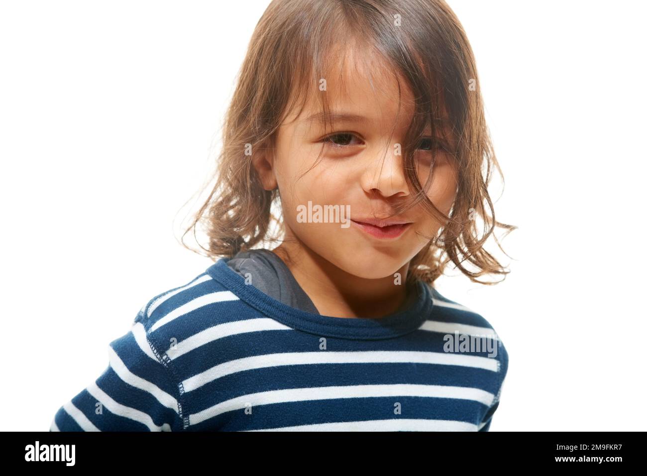 Portrait, kids and mockup with a boy child in studio isolated on a white background for marketing. Children, happy and smile with a male kid on blank Stock Photo