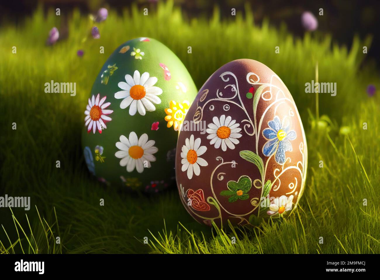 painted easter eggs in the grass - generative ai Stock Photo