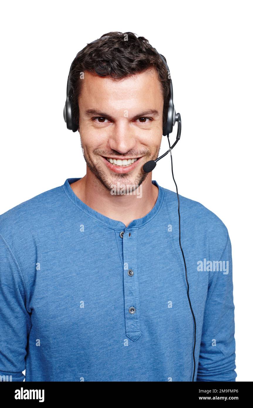 Customer support communication, studio portrait and man talk on contact us CRM, telemarketing or call center. Telecom microphone, happy customer Stock Photo