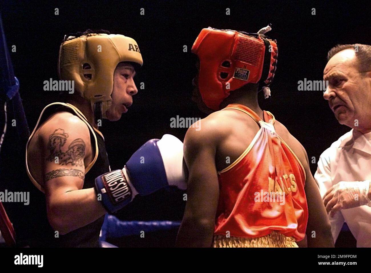 US Marine Corps boxer Johnnie Edwards (Right) and US Army boxer Alexander Ramos square off in the ring during this year's Armed Forces Boxing Competition at Fort Huachuca, Arizona, on February 7th, 2001. Base: Fort Huachuca State: Arizona (AZ) Country: United States Of America (USA) Stock Photo
