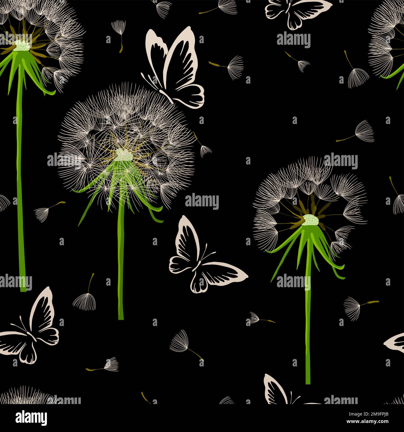 Seamless pattern dandelions. Background for creating textiles, fabrics, paper, wallpapers. Dark background. Vector illustration. Stock Vector