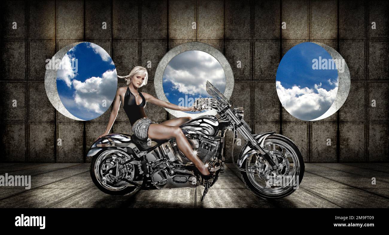 Woman sitting on a motorcycle Stock Photo