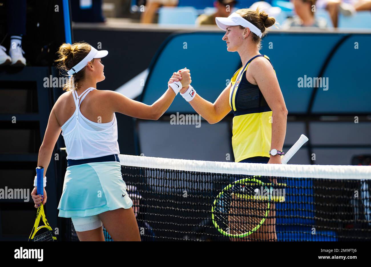 Sara Bejlek of the Czech Republic & Barbora Krejcikova of the Czech  Republic in action during the first round of the 2023 Australian Open,  Grand Slam tennis tournament on January 16, 2023