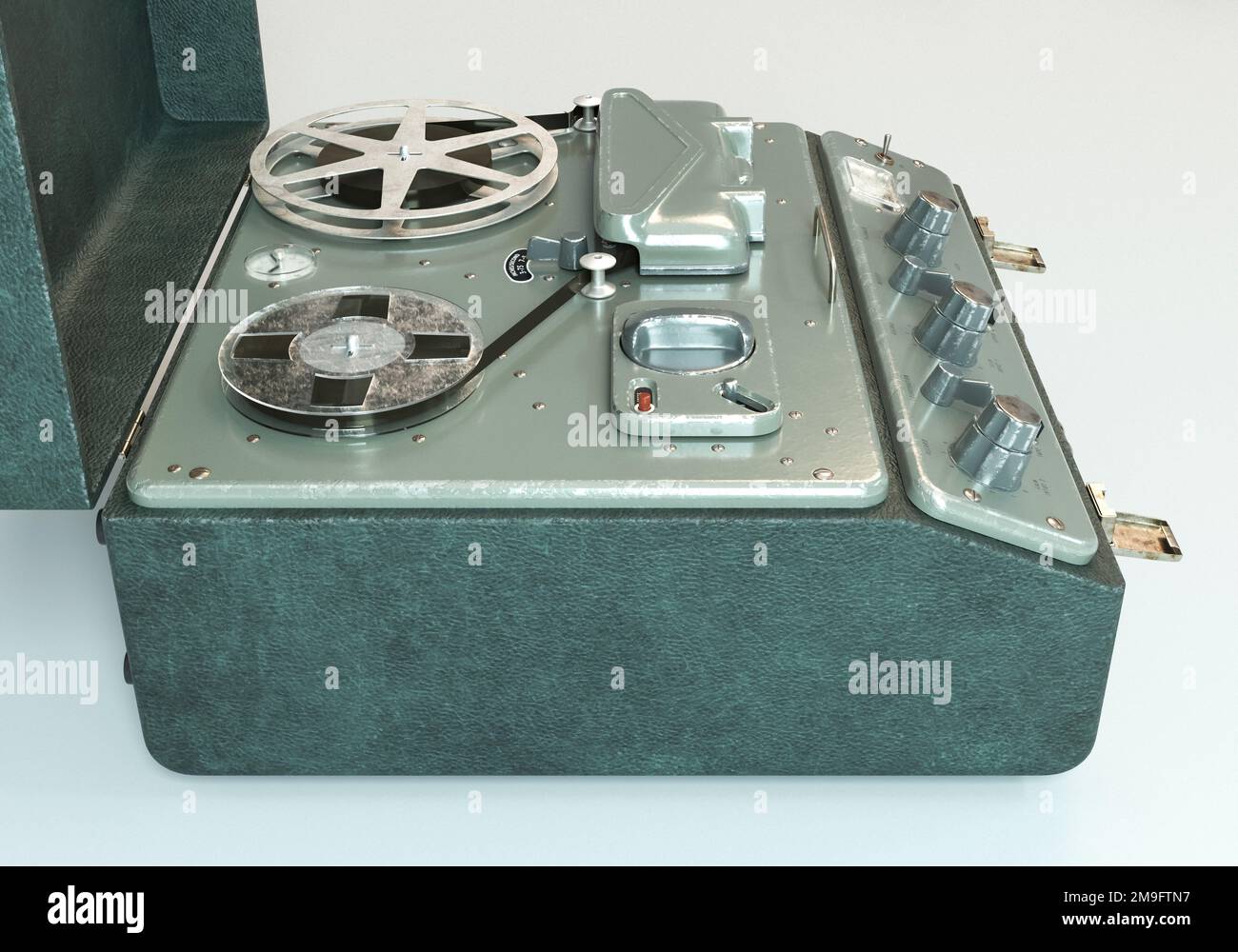 A vintage reel-to-reel analogue analogue audio recorder in a leather case on a white studio background - 3D render Stock Photo
