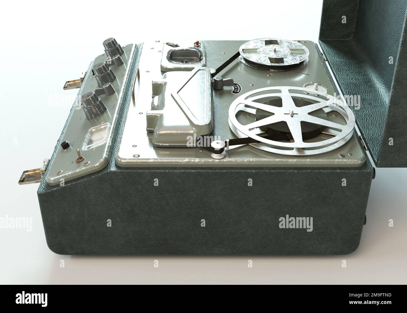 A vintage reel-to-reel analogue analogue audio recorder in a leather case on a white studio background - 3D render Stock Photo