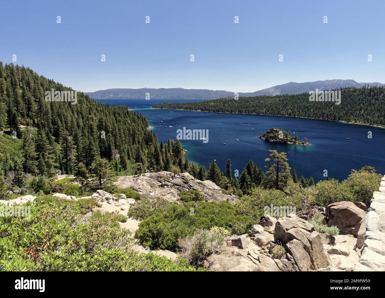 The view of Emerald Bay the only inlet on Lake Tahoe and Fannette Island the only island reputed to be the most photographed on Earth by some. Stock Photo