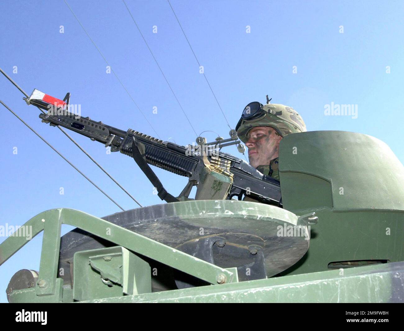 US Air Force AIRMAN First Class Tim Herrera, 8th Security Forces Squadron, 8th Fighter Wing, Kunsan Air Base, Republic of Korea, mans the 7.62mm M60 machine gun mounted at an armored personnel carrier during the Operational Readiness Inspection (ORI) Beverly Bearcat. Base: Kunsan Air Base Country: Republic Of Korea (KOR) Stock Photo