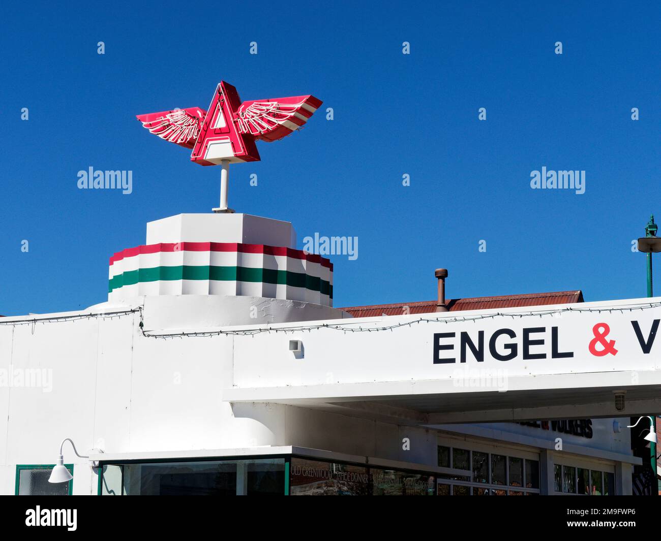 A preserved gas station pumps and art deco building from the 1940's and
