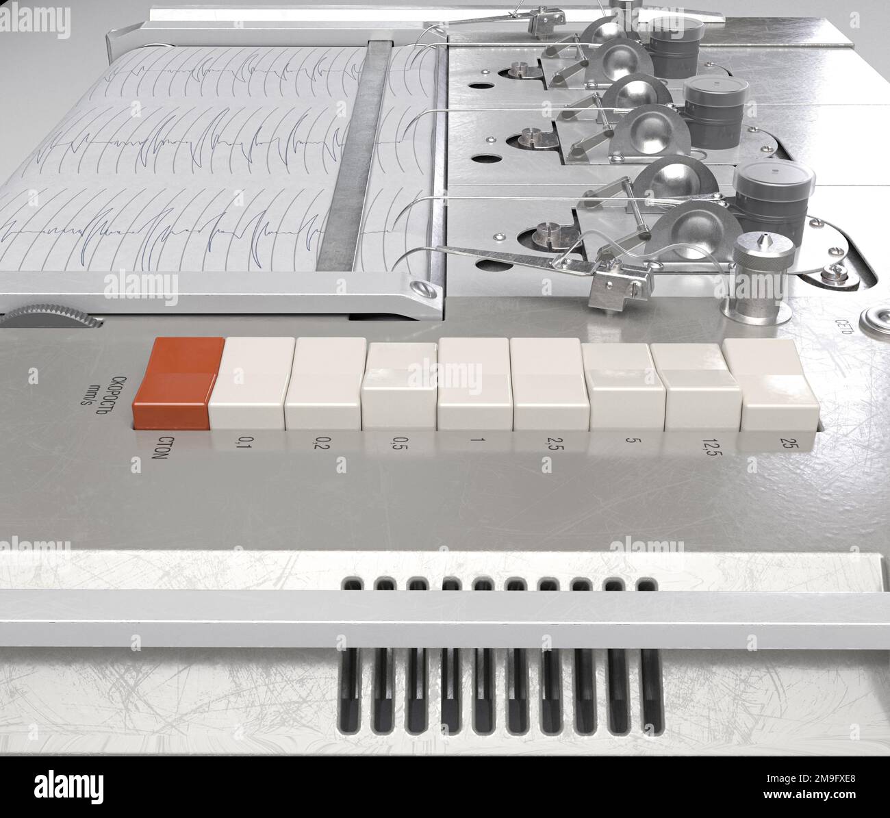 A russian polygraph lie detector machine drawing lines on graph paper ...
