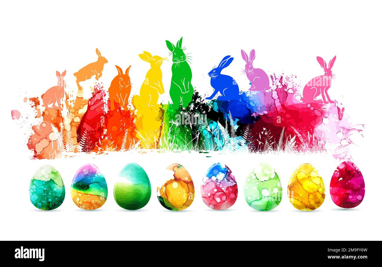 Happy Easter. Multicolored rabbits. Watercolor eggs. Vector illustration Stock Vector