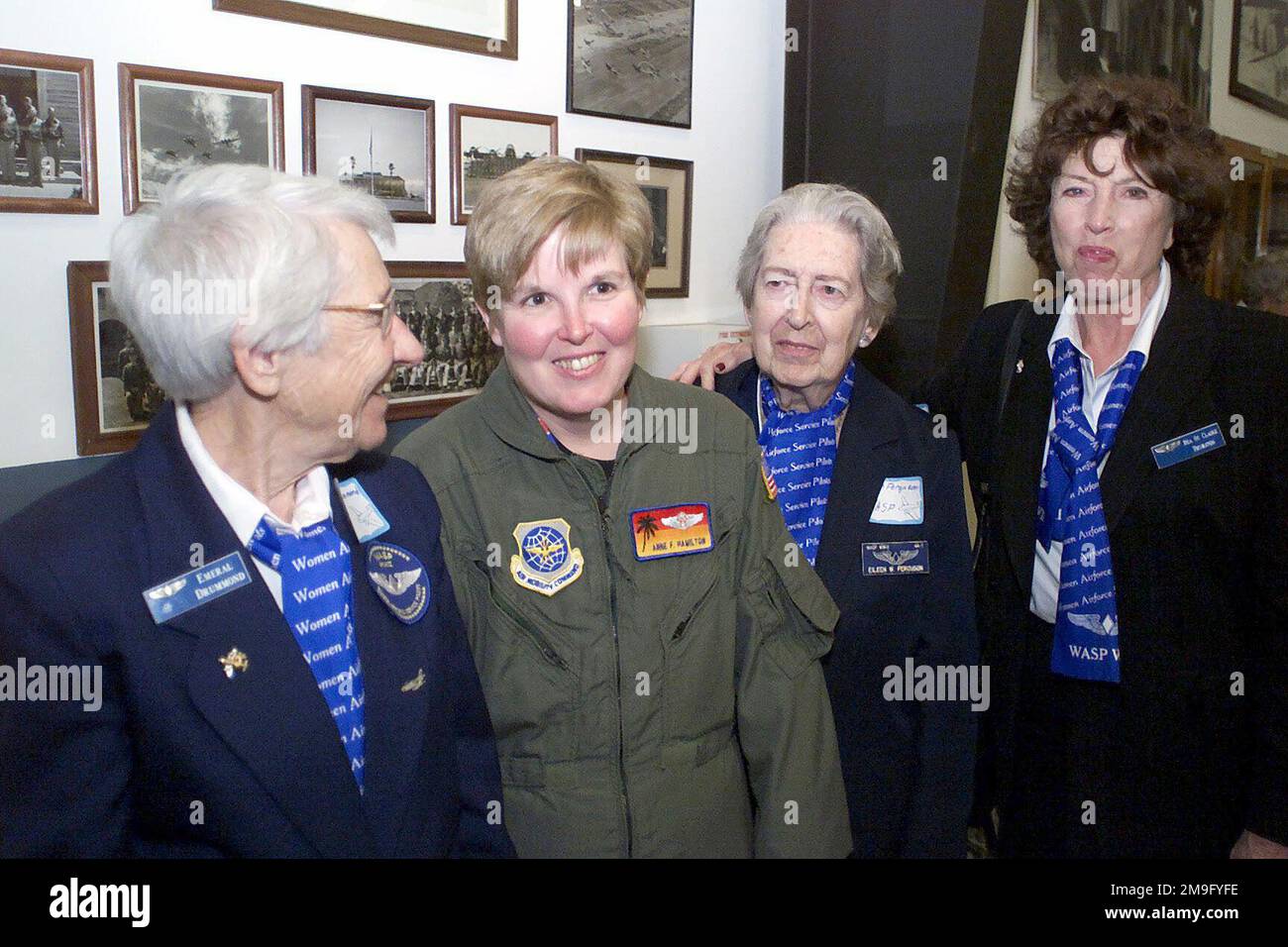 Emeral Drummon, a Women Air Force Service Pilot (WASP) during World War II, US Air Force Colonel Anne Hamilton, Commander of the 452nd Aeromedical Evacuation Squadron, March ARB, California, Eileen Ferguson, and Bea St. Clare Thurston, both WASP during World War II, pose for a photograph during a meeting for Women in Aviation at the Museum at March ARB, CA. Base: March Air Reserve Base State: California (CA) Country: United States Of America (USA) Stock Photo
