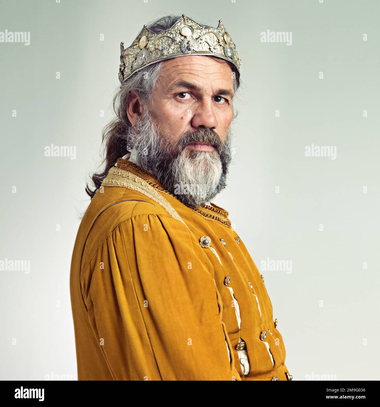 King, crown with senior man and portrait, history with renaissance and