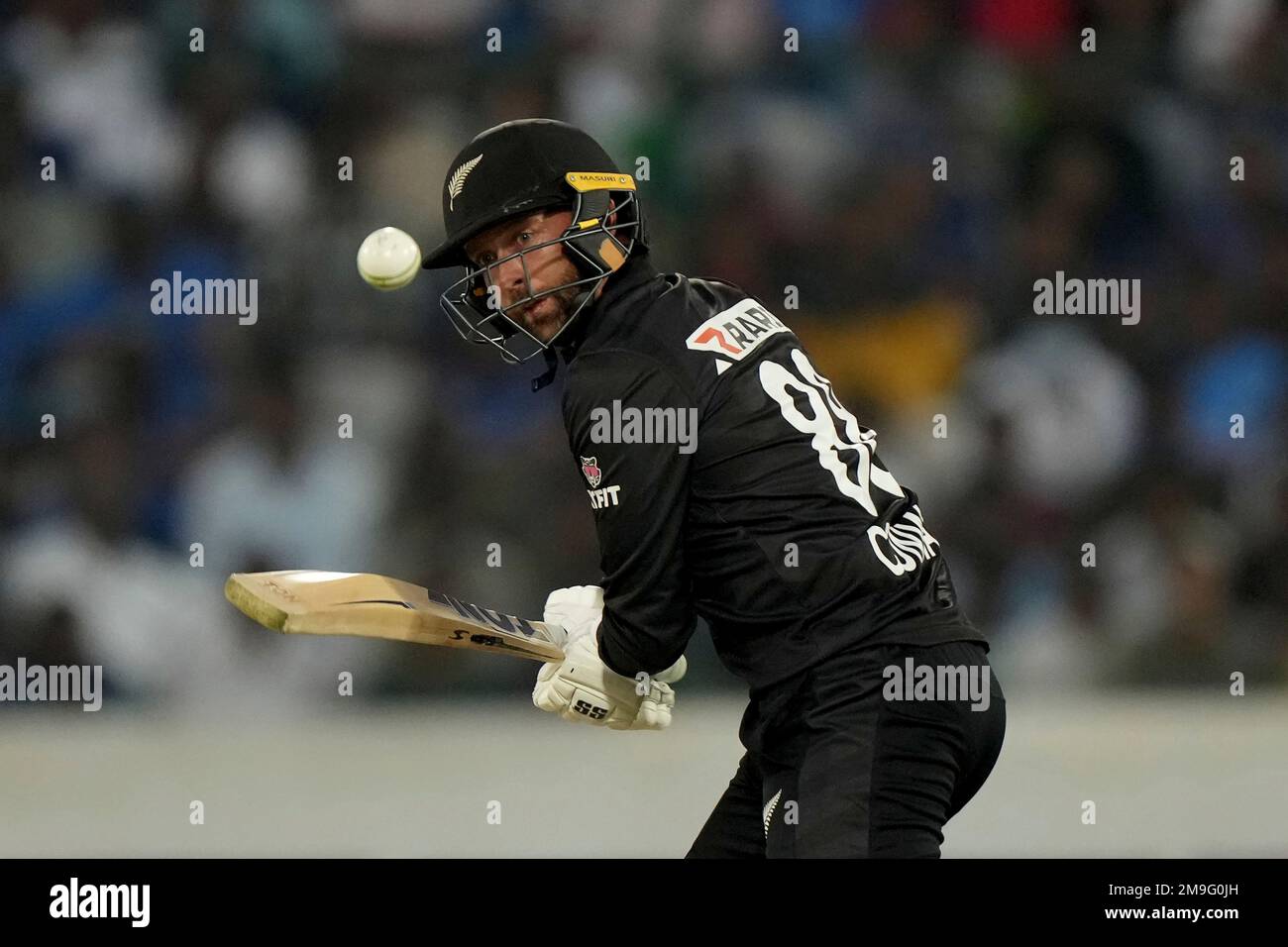 New Zealands Devon Conway plays a shot during the first one-day international cricket match between India and New Zealand in Hyderabad, India, Wednesday, Jan