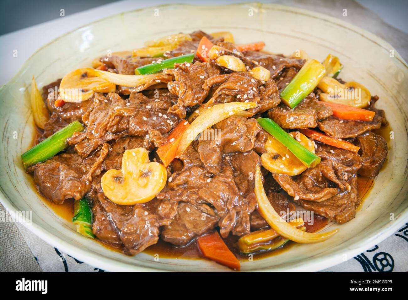 Plate Of Beef Bulgogi; traditional Korean food; marinated slices of
