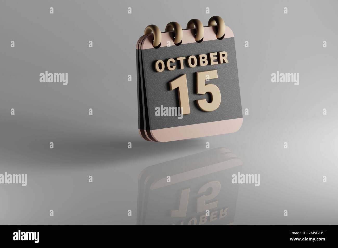 Standing black and golden month lined desk calendar with date October 15. Modern design with golden elements, 3d rendering illustration. White ceramic Stock Photo