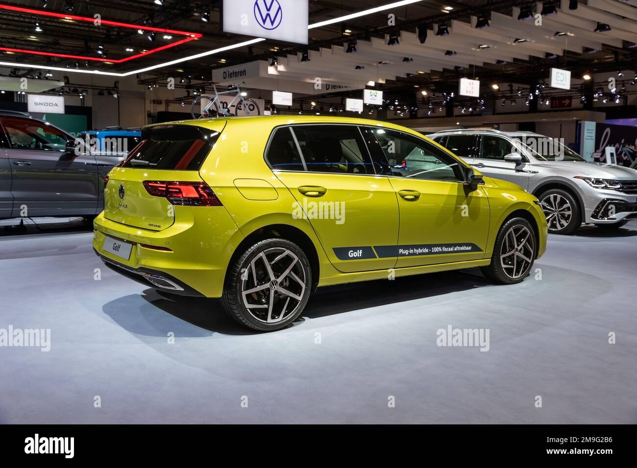 New Volkswagen Golf plug-in hybrid car at the Brussels Autosalon European Motor Show. Brussels, Belgium - January 13, 2023. Stock Photo