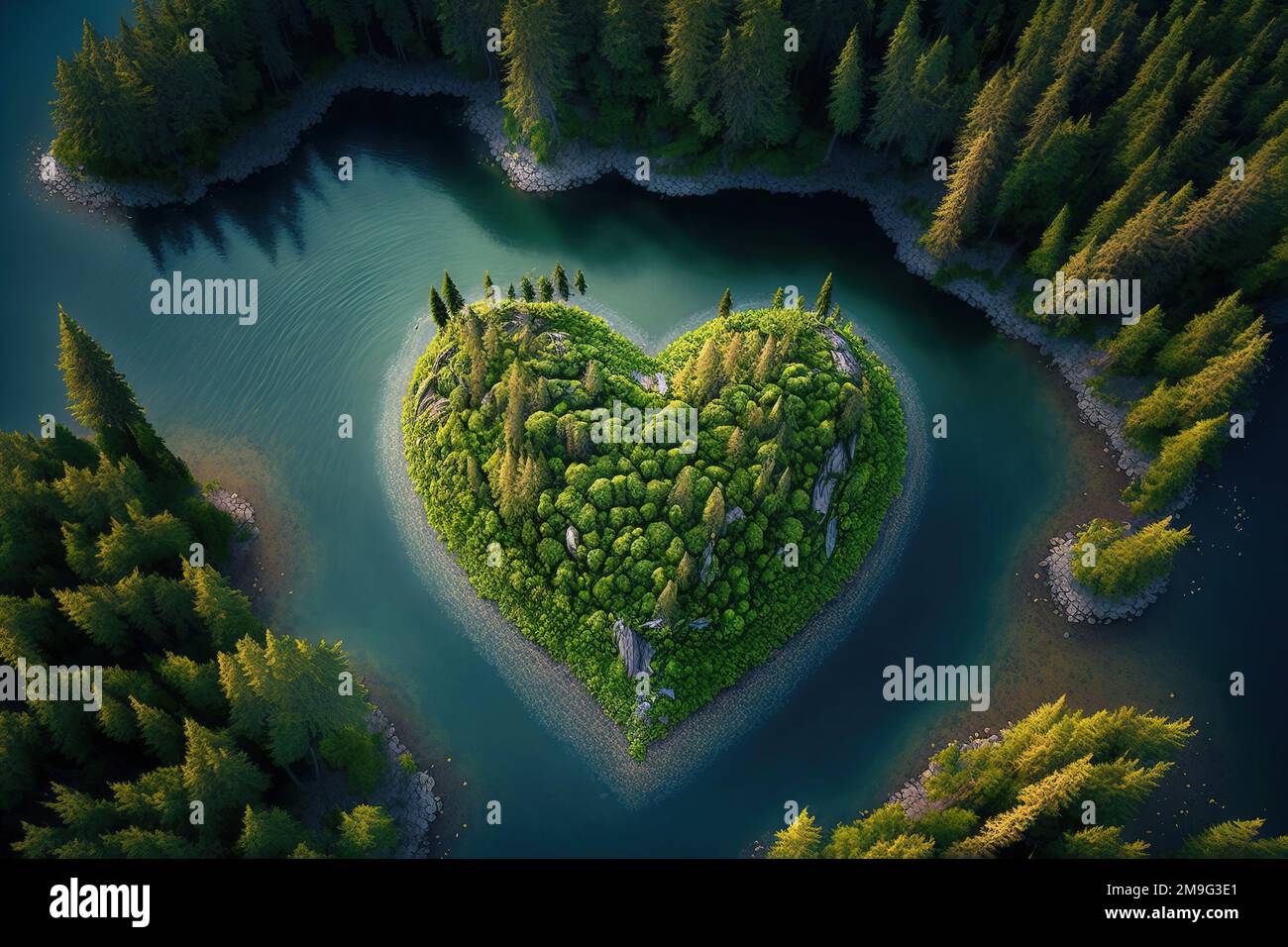 Heart shaped island in nordic forest landscape aerial view. Generatic AI. Stock Photo