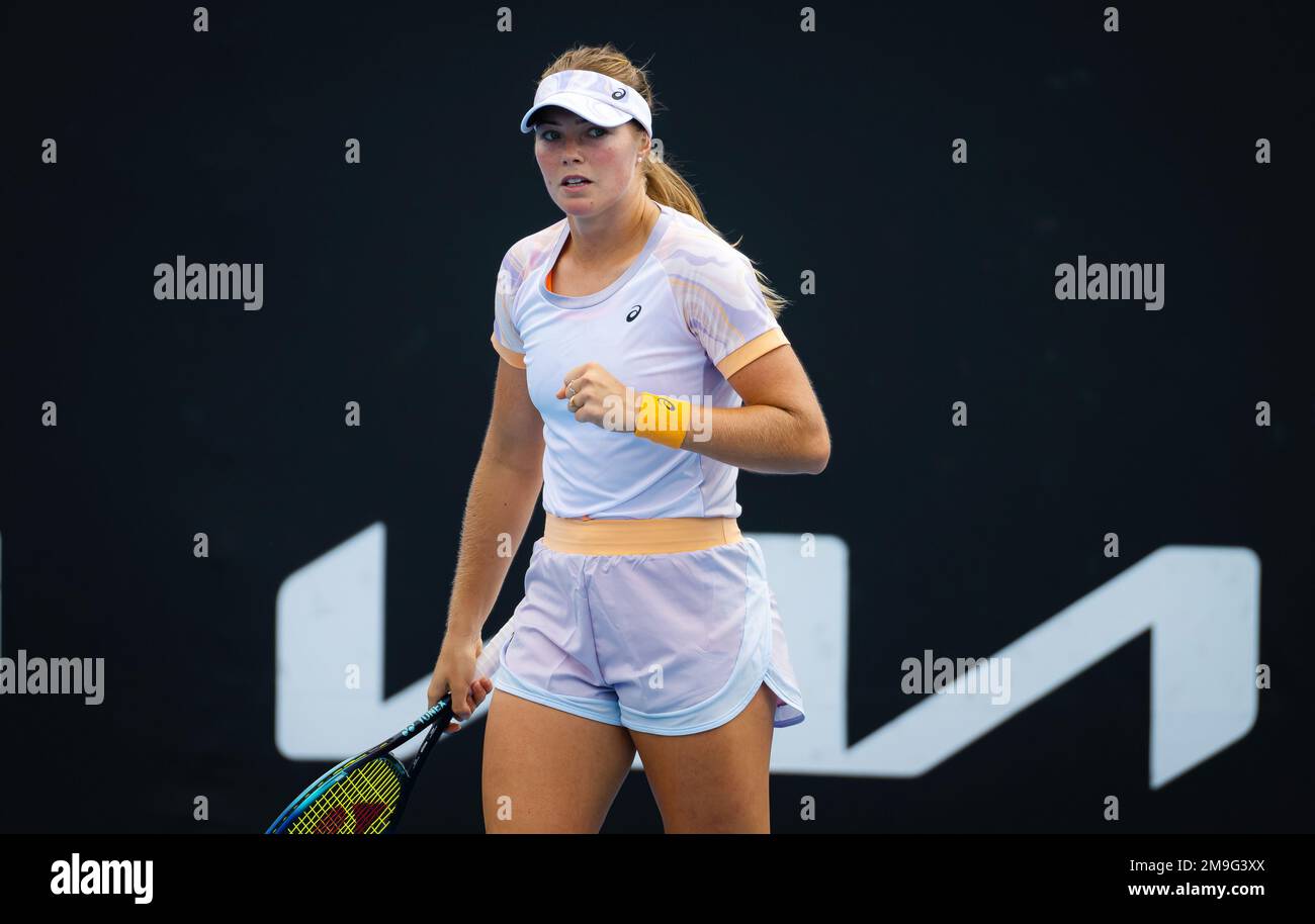 Olivia Gadecki of Australia in action against Polina Kudermetova of