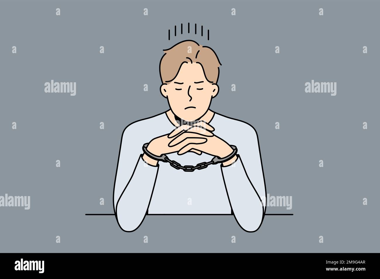 Unhappy young man in handcuffs sit at desk in interrogation room. Stressed male criminal or thief in cuffs wait in jail cell or prison. Vector illustration.  Stock Vector