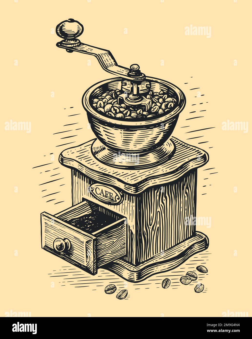 Hand drawn old wooden coffee grinder with coffee drawer. Sketch vintage