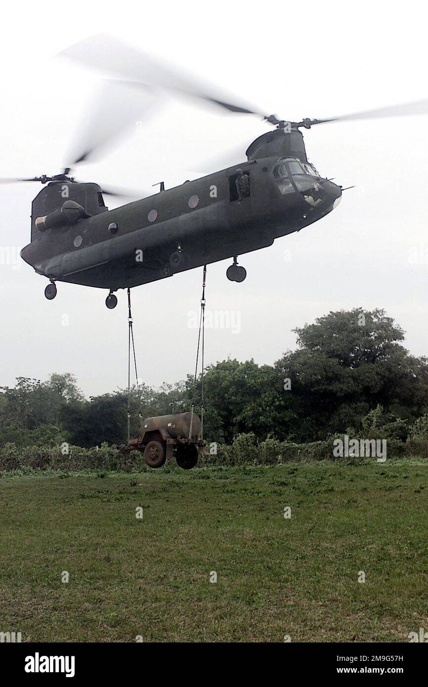 A CH-47 Chinook helicopter, from the 106th division, Iowa Air National Guard, sling carries a water buffalo into the Guarani Springs Base Camp from it's remote medical exercise sight in Paso Baretto, Paraguay, Exercise NEW HORIZONS. Combined Task Force Guarani Springs conducts engineering and medical operations in Paraguay, enabling joint training. The task force will renovate, construct and improve the infrastructure of four schools, four water wells, two medical clinics, and conduct mutable Medical Readiness Training Exercises (MEDRETES), and Veterinarian Readiness Training Exercises (VETRET Stock Photo