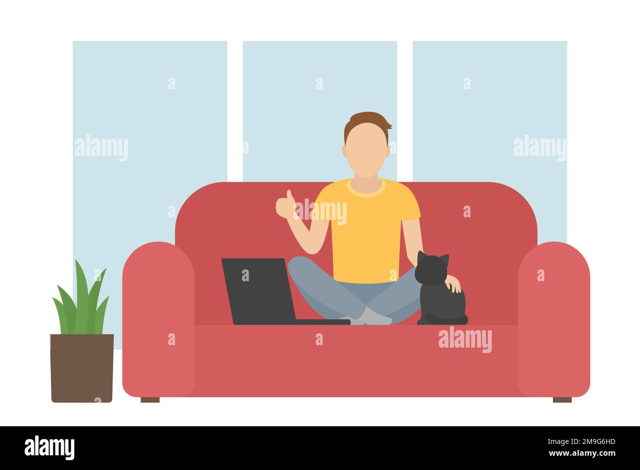Man sitting on couch and stroking cat. Vector illustration. Stock Vector