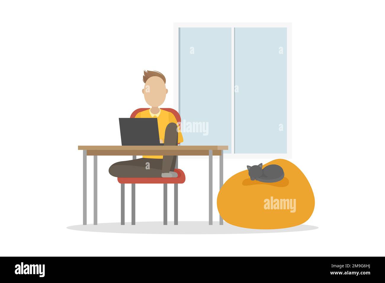 Man sitting at table and working on laptop. Vector illustration. Stock Vector