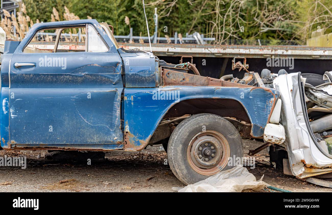 front end of an old wrecked chevy pickup Stock Photo