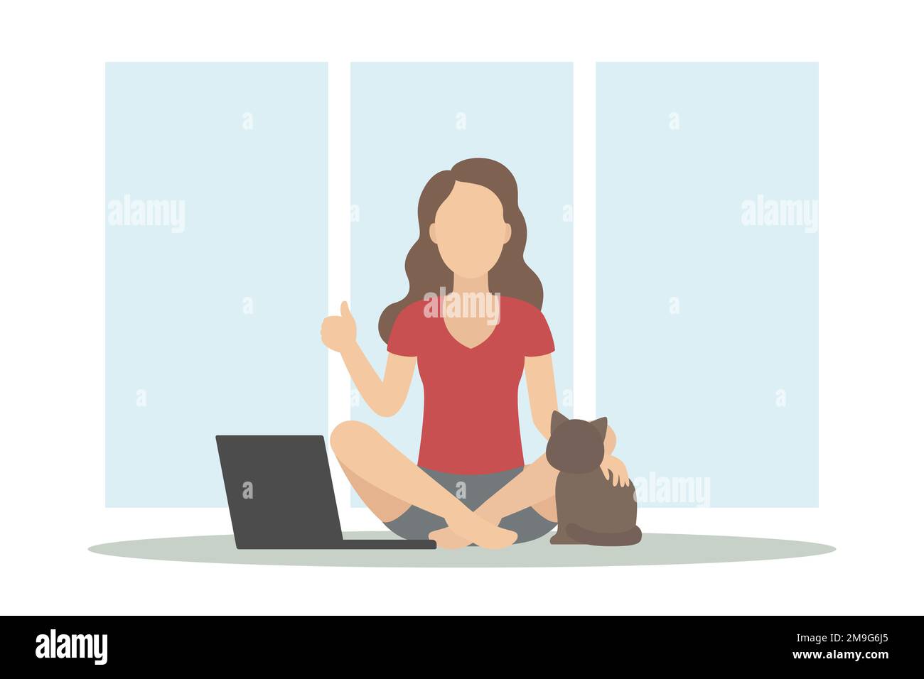 Woman sitting and stroking her cat. Vector illustration. Stock Vector