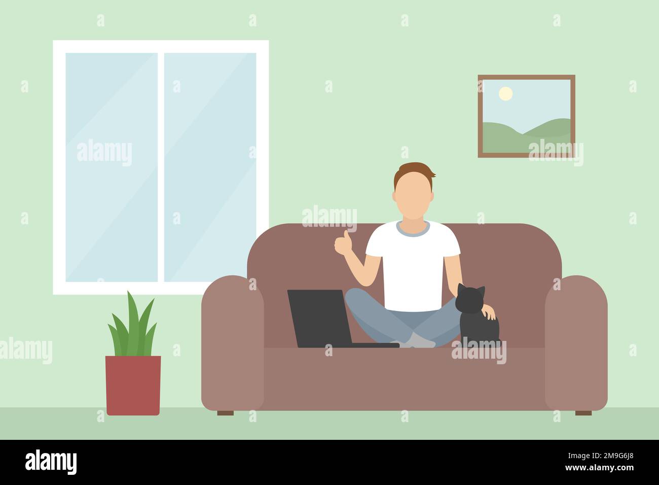 Man sitting on divan and stroking cat. Vector illustration. Stock Vector