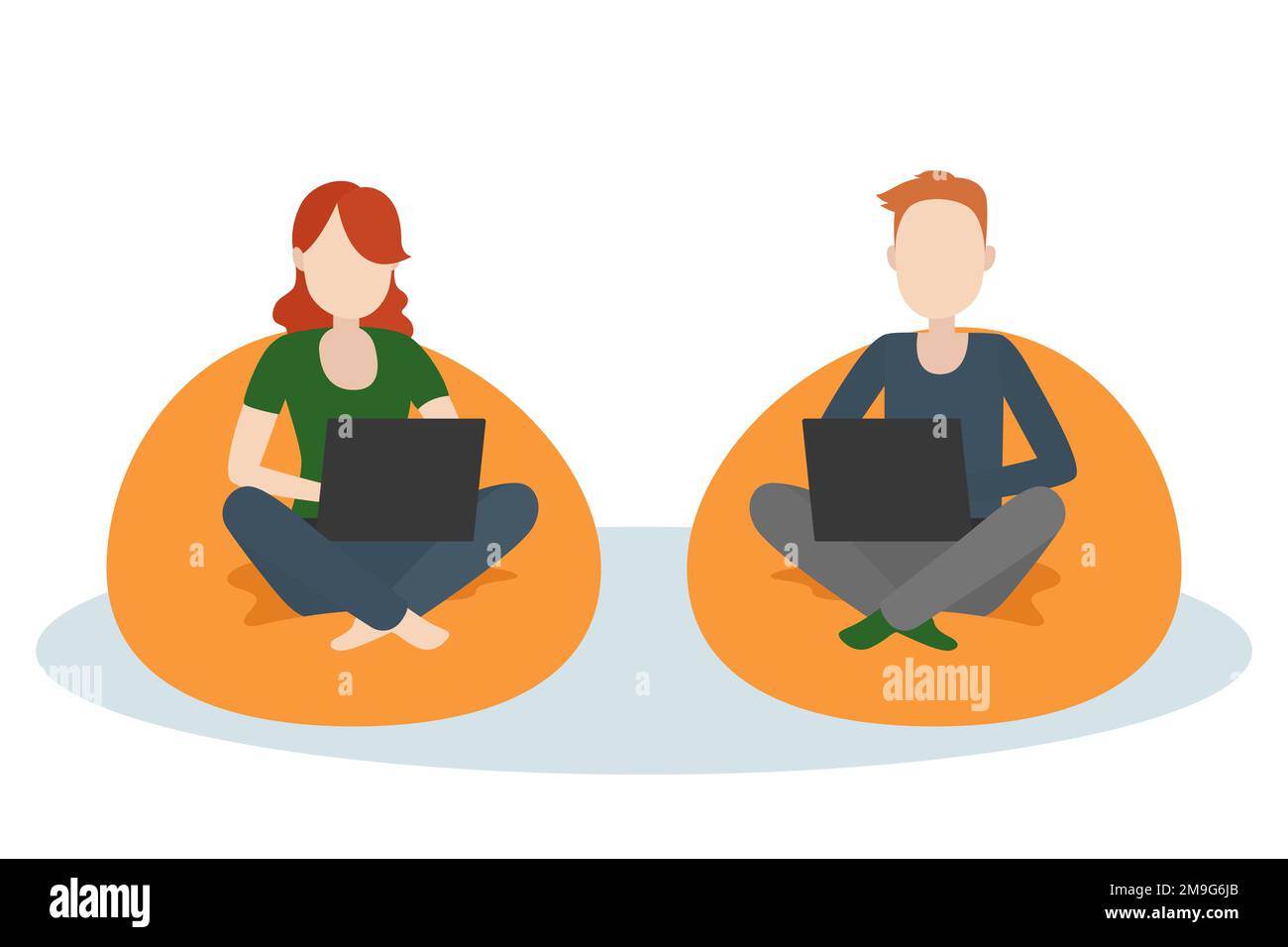 Man and woman sitting on floor pillows with laptops. Vector illustration. Stock Vector