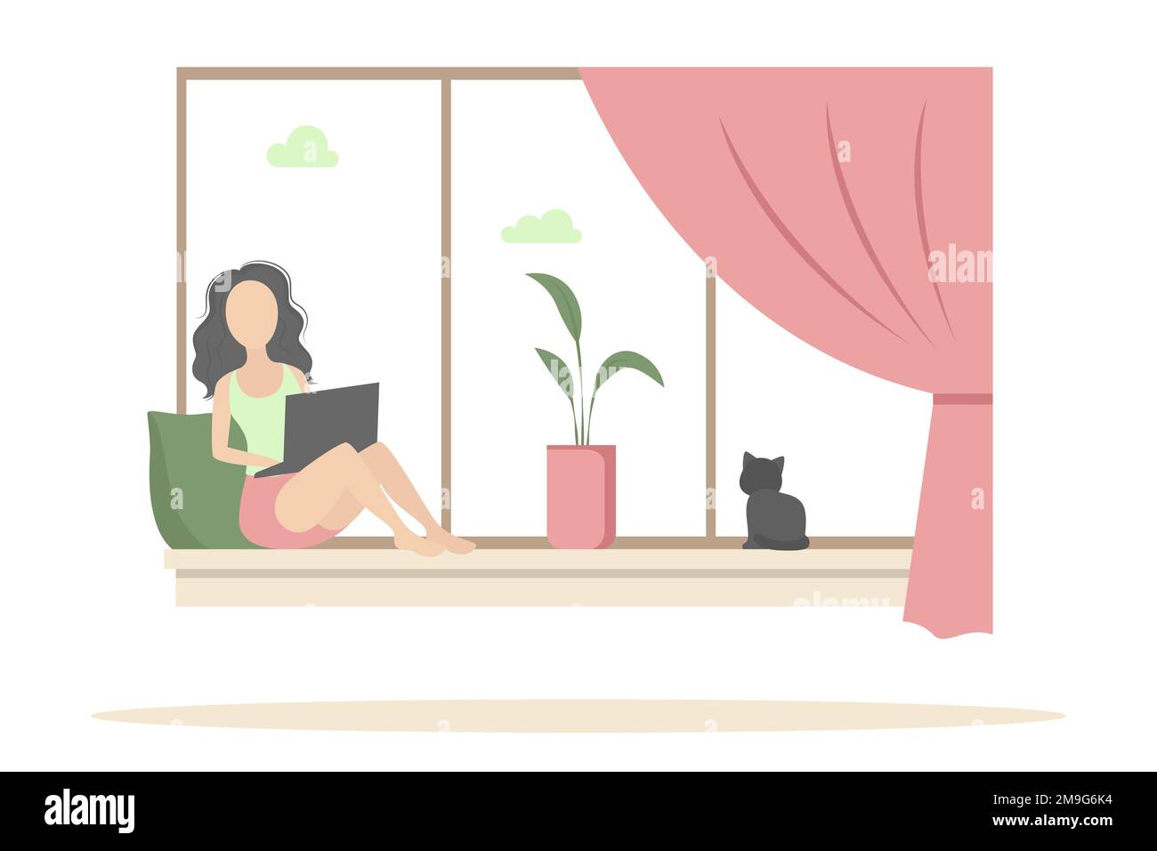 Woman sitting on windowsill and working on laptop. Vector illustration. Stock Vector