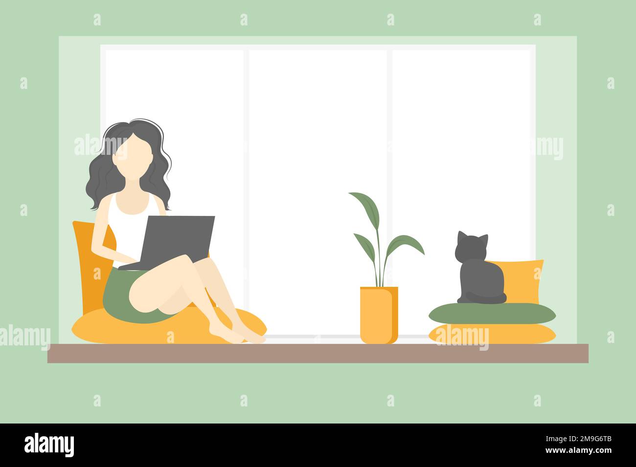 Woman freelancer sitting on windowsill and working on laptop. Vector ...