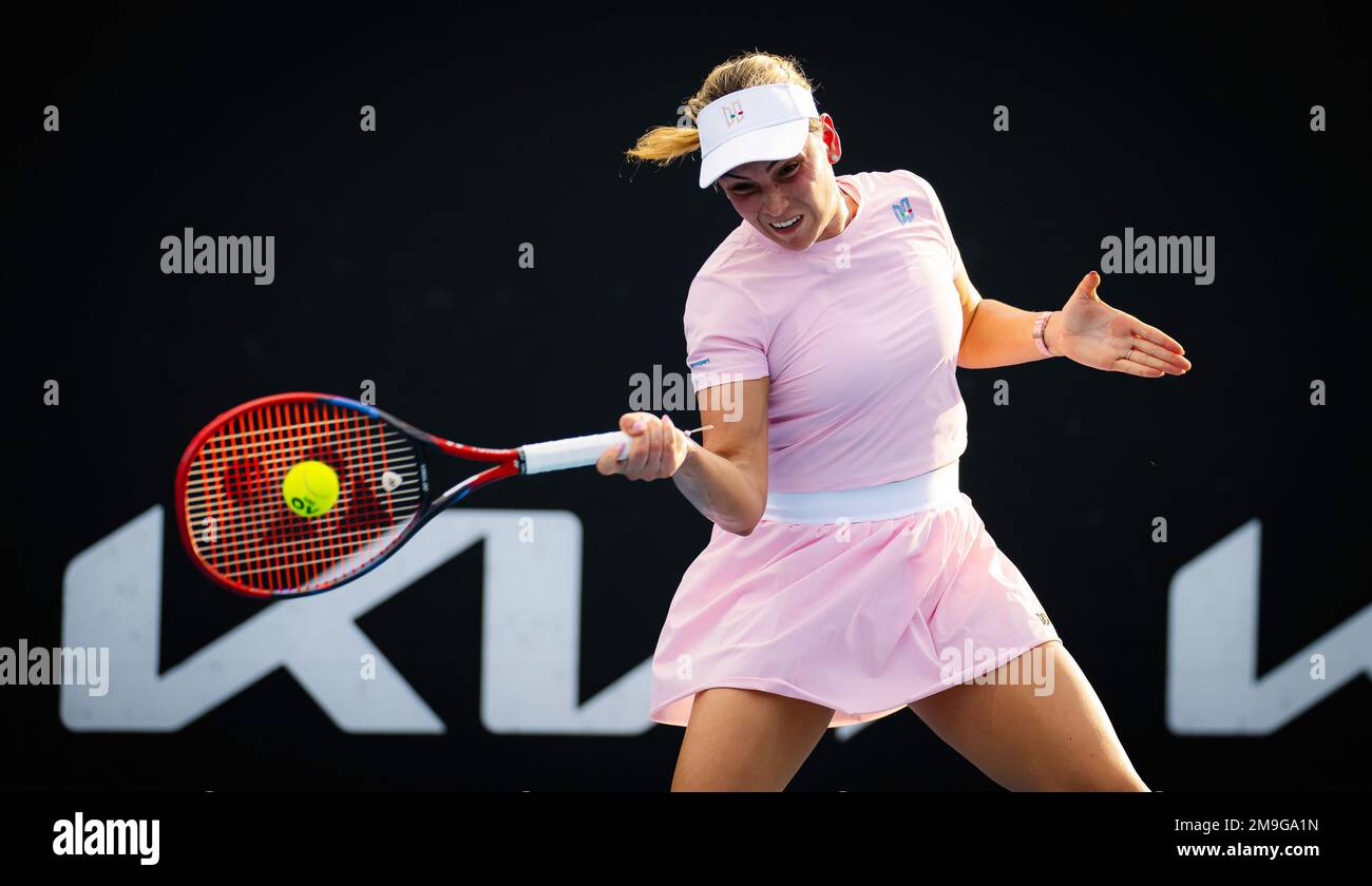 Donna Vekic of Croatia in action against Oksana Selekhmeteva of Russia during the first round of the 2023 Australian Open, Grand Slam tennis tournament on January 17, 2023 in Melbourne, Australia -