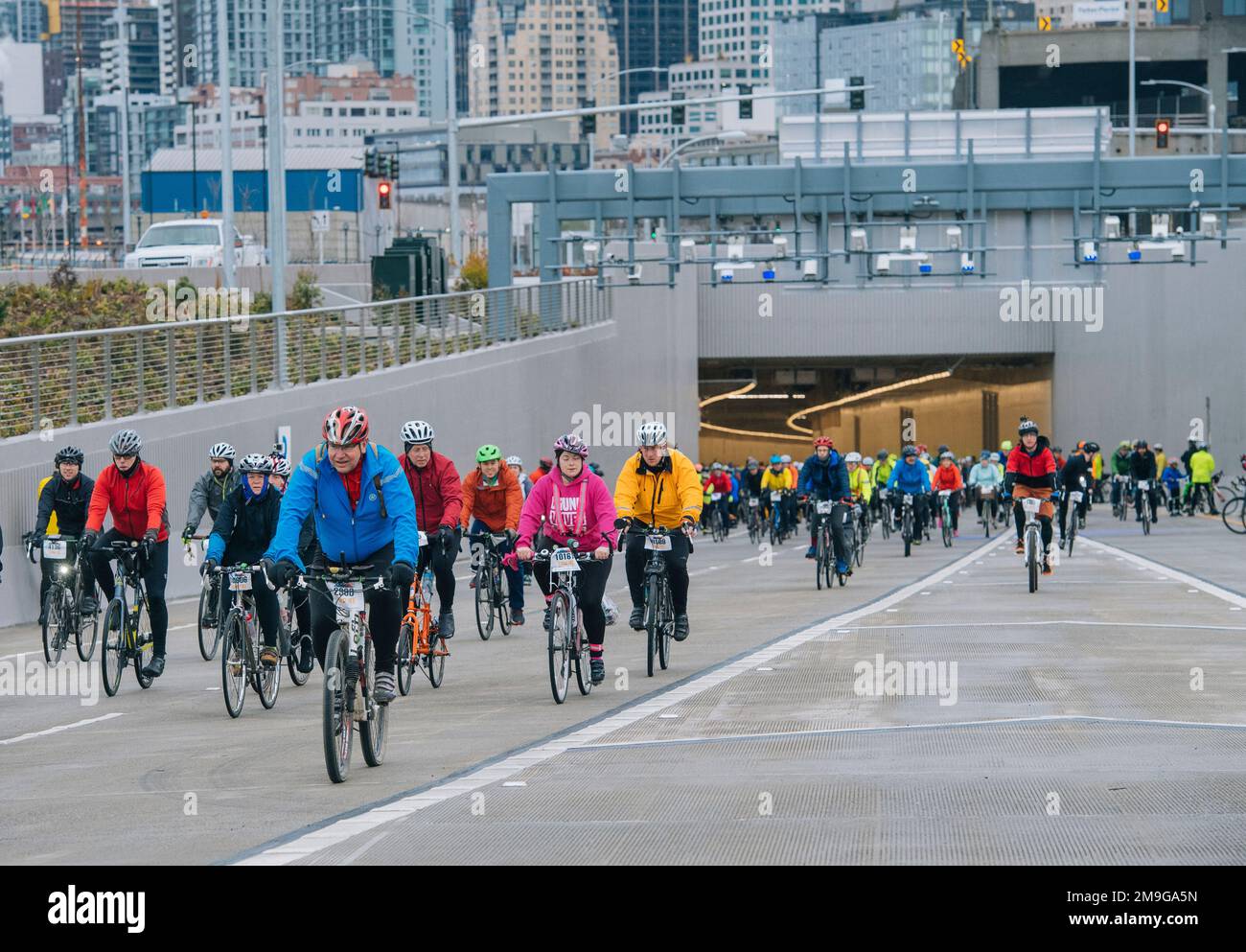 View of people bicycling, Seattle, Washington, USA Stock Photo