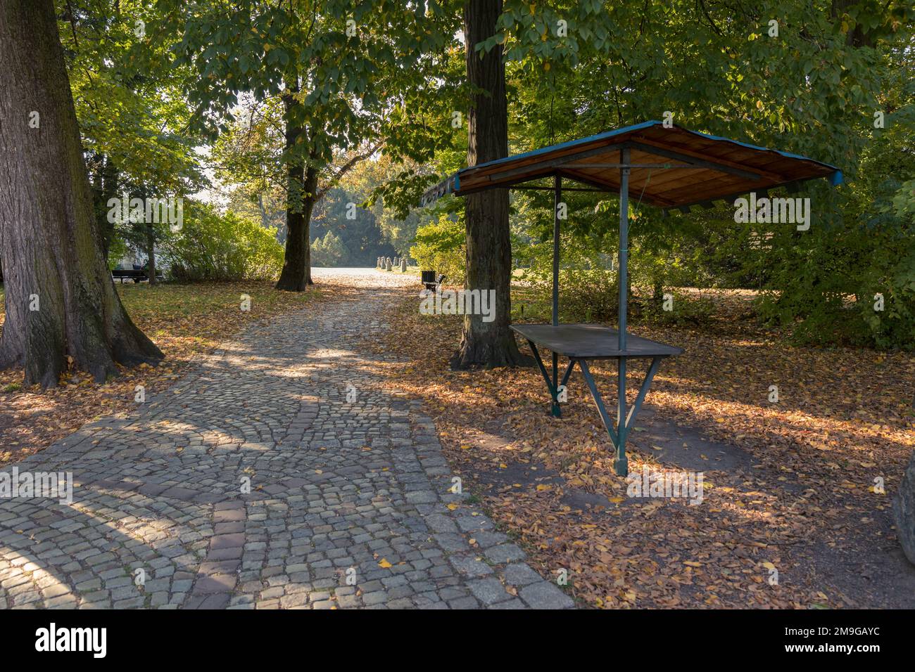 Cobblestone walkway in the park, abandoned street sales stall Stock