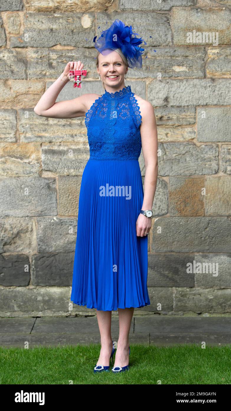 Victoria Drummond (left) after being made Member of the Order of the British Empire during an