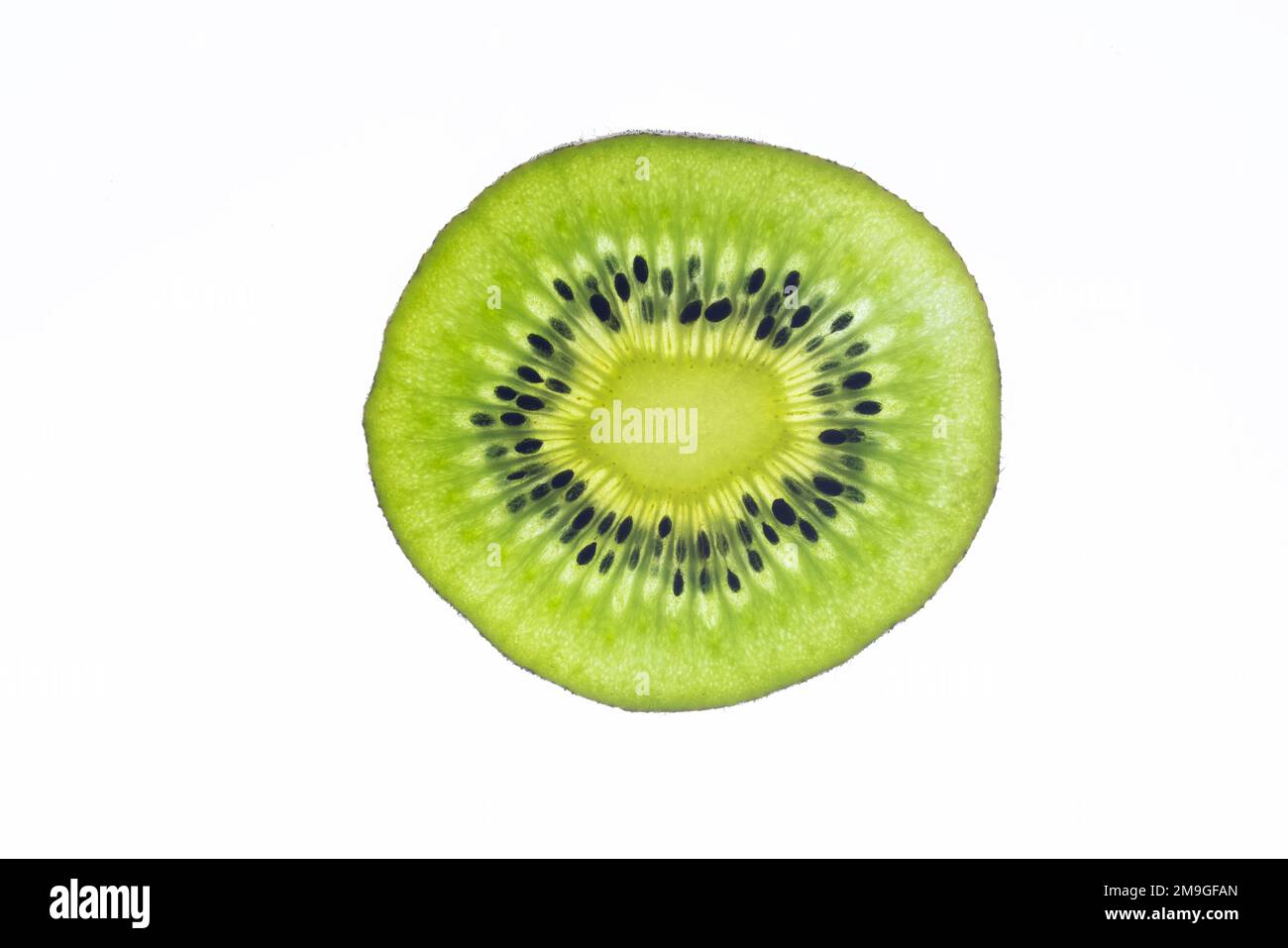 A solitary slice of luscious Kiwi Fruit, photographed against a plain white background Stock Photo
